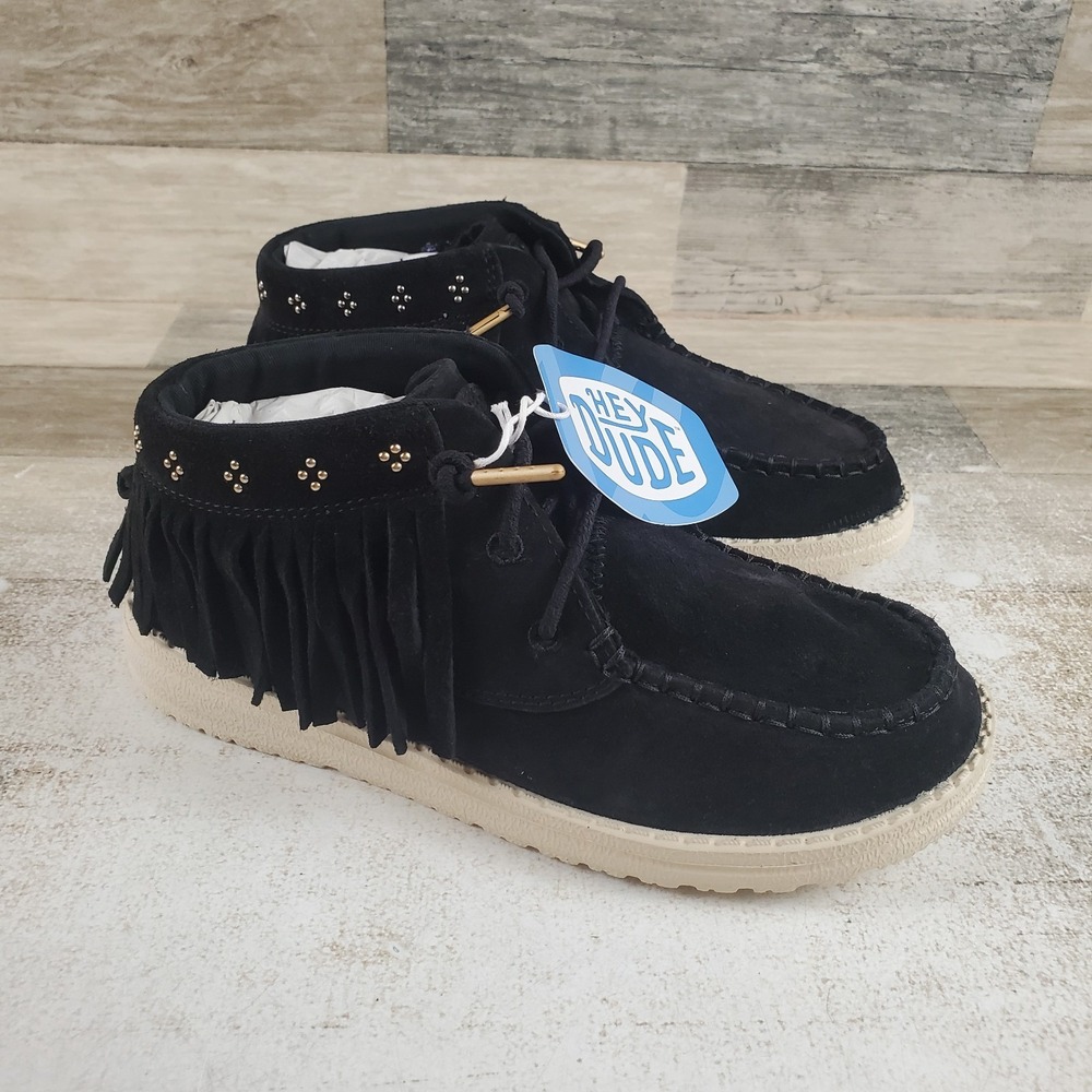 Hey Dude Wendy Mid Fringe Cowgirl Shoes Sz 6 Suede Black Slip On Western